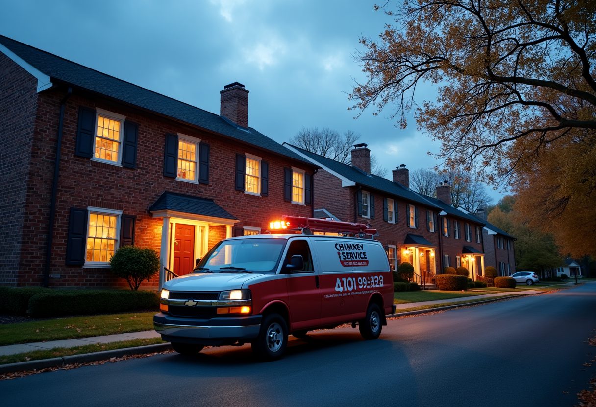 Chimney service van outside brick townhouses at dusk — University Place